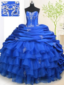 Superior With Train Royal Blue Ball Gown Prom Dress Organza and Taffeta Brush Train Sleeveless Beading and Appliques and Ruffled Layers and Pick Ups