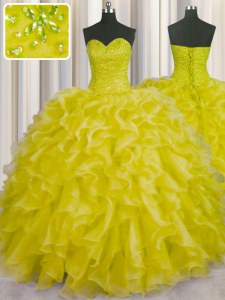 Yellow Sleeveless Organza Lace Up Quinceanera Gown for Military Ball and Sweet 16 and Quinceanera