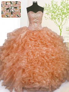 Orange Lace Up 15th Birthday Dress Beading and Ruffles and Pick Ups Sleeveless Floor Length
