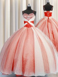 Fine Orange Red Organza Lace Up Ball Gown Prom Dress Sleeveless Floor Length Beading and Sequins and Ruching