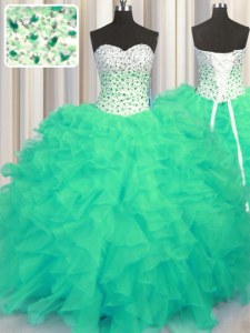 Sweetheart Sleeveless Quinceanera Dresses Floor Length Beading and Ruffles Turquoise Organza