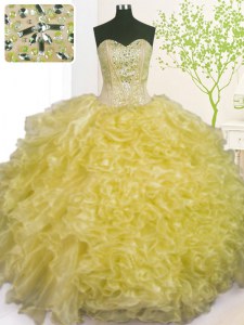 Sophisticated Sleeveless Floor Length Beading and Ruffles and Pick Ups Lace Up Ball Gown Prom Dress with Light Yellow