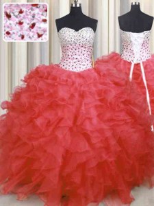 Most Popular Watermelon Red Sweetheart Lace Up Beading and Ruffles Quinceanera Gowns Sleeveless