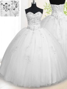 Elegant White Quinceanera Gown Military Ball and Sweet 16 and Quinceanera and For with Beading and Appliques Sweetheart Sleeveless Lace Up
