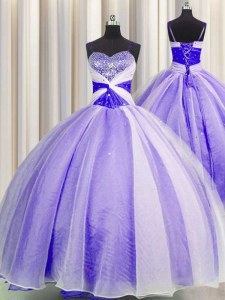 Noble Lavender Organza Lace Up Spaghetti Straps Sleeveless Floor Length Sweet 16 Quinceanera Dress Beading and Sequins and Ruching