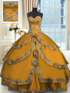 Beading and Embroidery and Ruffled Layers Quince Ball Gowns Gold Lace Up Sleeveless Floor Length