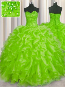 Floor Length Yellow Green 15 Quinceanera Dress Organza Sleeveless Beading and Ruffles