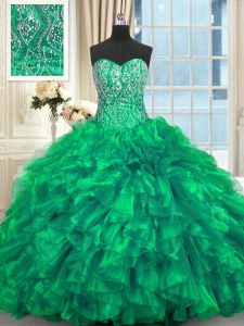 Trendy Turquoise Sleeveless Brush Train Beading and Ruffles Ball Gown Prom Dress