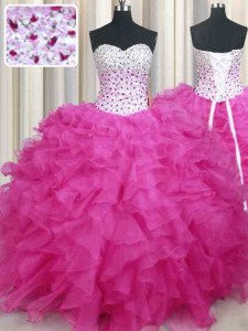 Custom Made Hot Pink Organza Lace Up Halter Top Sleeveless Floor Length Quinceanera Gowns Beading and Ruffles