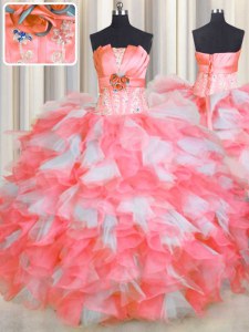 Strapless Sleeveless Organza Quince Ball Gowns Beading and Ruffles and Hand Made Flower Lace Up