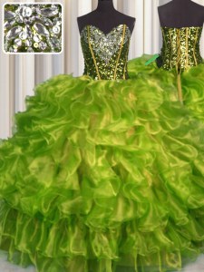 Beading and Ruffles Quinceanera Gown Olive Green Lace Up Sleeveless Floor Length