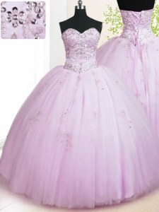 Fantastic Sweetheart Sleeveless Quinceanera Dresses Floor Length Beading and Appliques Lilac Tulle