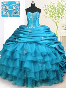 Enchanting Organza and Taffeta Strapless Sleeveless Brush Train Lace Up Beading and Appliques and Ruffled Layers and Pick Ups 15 Quinceanera Dress in Teal