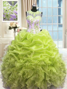 Customized Scoop Sleeveless Floor Length Beading and Ruffles Zipper Quinceanera Gown with Yellow Green