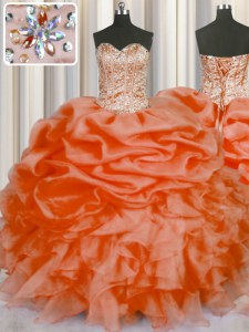 Enchanting Beading and Ruffles and Pick Ups Quinceanera Gowns Orange Red Lace Up Sleeveless Floor Length