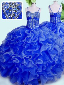 Fancy Blue Ball Gowns Spaghetti Straps Sleeveless Organza Floor Length Lace Up Beading and Ruffles Sweet 16 Dresses