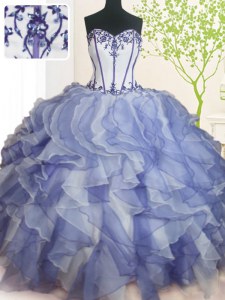 Custom Designed Sweetheart Sleeveless Vestidos de Quinceanera Floor Length Beading and Ruffles Blue And White Organza