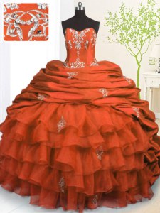 Organza and Taffeta Strapless Sleeveless Brush Train Lace Up Beading and Appliques and Ruffled Layers and Pick Ups Quinceanera Gown in Orange Red