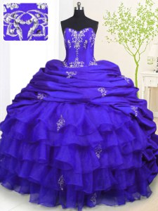Chic Royal Blue Organza and Taffeta Lace Up Ball Gown Prom Dress Sleeveless With Brush Train Beading and Appliques and Ruffled Layers and Pick Ups