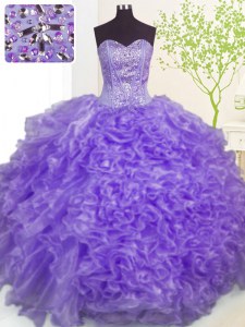Lavender Lace Up Sweet 16 Quinceanera Dress Beading and Ruffles and Pick Ups Sleeveless Floor Length