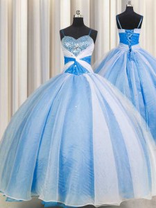 Gorgeous Spaghetti Straps Beading and Sequins and Ruching 15 Quinceanera Dress Baby Blue Lace Up Sleeveless Floor Length