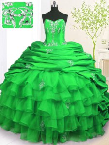 Flare Green Sleeveless Brush Train Beading and Appliques and Ruffled Layers and Pick Ups With Train Quinceanera Gowns