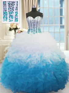 Romantic Blue And White Ball Gowns Organza Sweetheart Sleeveless Beading and Ruffles Floor Length Lace Up Sweet 16 Dresses