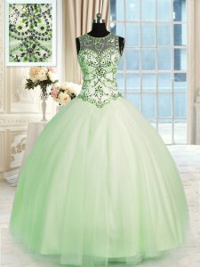 Popular Floor Length Apple Green Sweet 16 Dresses Scoop Sleeveless Lace Up