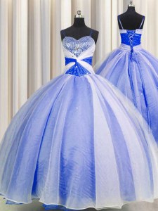 Stunning Spaghetti Straps Floor Length Lace Up Sweet 16 Quinceanera Dress Blue And White for Military Ball and Sweet 16 and Quinceanera with Beading and Sequins and Ruching