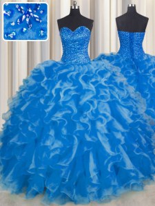 Noble Floor Length Blue Ball Gown Prom Dress Organza Sleeveless Beading and Ruffles
