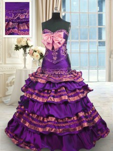 Nice Taffeta Sweetheart Sleeveless Brush Train Lace Up Appliques and Ruffled Layers and Bowknot Sweet 16 Quinceanera Dress in Purple