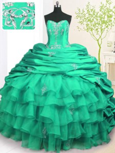 Turquoise Organza and Taffeta Lace Up Sweet 16 Dresses Sleeveless With Brush Train Beading and Appliques and Ruffled Layers and Pick Ups