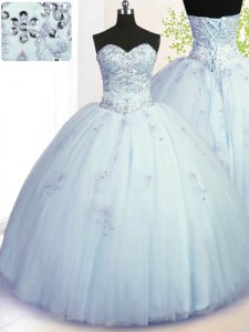 Shining Beading and Appliques 15th Birthday Dress Light Blue Lace Up Sleeveless Floor Length