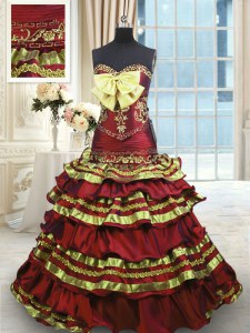 Sleeveless Taffeta Sweep Train Lace Up Sweet 16 Dress in Wine Red with Appliques and Embroidery and Ruffled Layers and Bowknot