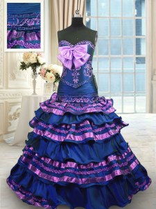 Navy Blue A-line Appliques and Ruffled Layers and Bowknot 15th Birthday Dress Lace Up Taffeta Sleeveless