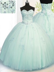 Apple Green Lace Up Vestidos de Quinceanera Beading and Appliques Sleeveless Floor Length