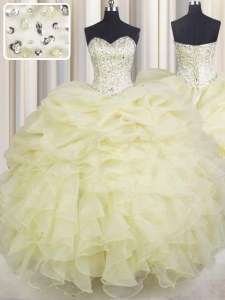 Perfect Ball Gowns Sweet 16 Dress Light Yellow Sweetheart Organza Sleeveless Floor Length Lace Up