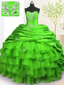 Customized Green Ball Gowns Beading and Appliques and Ruffled Layers and Pick Ups 15th Birthday Dress Lace Up Organza and Taffeta Sleeveless With Train