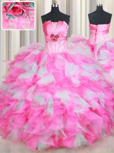 New Style Organza Strapless Sleeveless Lace Up Beading and Ruffles and Hand Made Flower Sweet 16 Dress in Pink And White