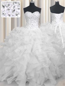 Floor Length Lace Up 15 Quinceanera Dress White for Military Ball and Sweet 16 and Quinceanera with Beading and Ruffles