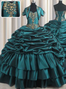 Custom Designed Pick Ups Brush Train Ball Gowns Quince Ball Gowns Teal Sweetheart Taffeta Sleeveless With Train Lace Up