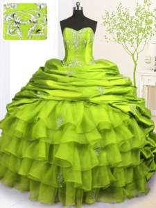 Olive Green Sleeveless With Train Beading and Appliques and Ruffled Layers and Pick Ups Lace Up Quinceanera Dresses