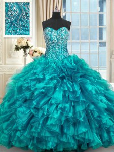 Fancy Sleeveless Beading and Ruffles Lace Up Quinceanera Gown with Teal Brush Train