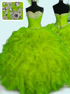 Yellow Green Ball Gowns Sweetheart Sleeveless Organza Floor Length Lace Up Beading and Ruffles Sweet 16 Dress