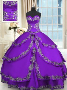 Exquisite Sweetheart Sleeveless Sweet 16 Quinceanera Dress Floor Length Beading and Appliques and Ruffled Layers Purple Taffeta