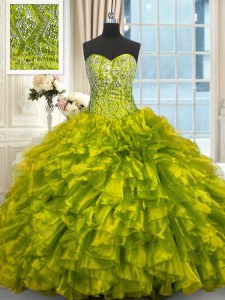 Lace Up Sweet 16 Quinceanera Dress Olive Green for Military Ball and Sweet 16 and Quinceanera with Beading and Ruffles Brush Train