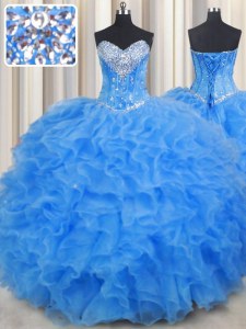 Dramatic Baby Blue Ball Gowns Beading and Ruffles Quinceanera Gowns Lace Up Organza Sleeveless Floor Length