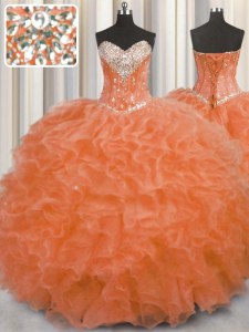 Orange Red Sleeveless Floor Length Beading and Ruffles Lace Up 15 Quinceanera Dress
