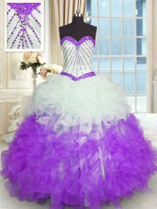 Exceptional White And Purple Sweetheart Neckline Beading and Ruffles Quinceanera Gown Sleeveless Lace Up