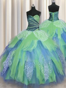 High End Organza Sweetheart Sleeveless Lace Up Beading and Ruching 15th Birthday Dress in Green